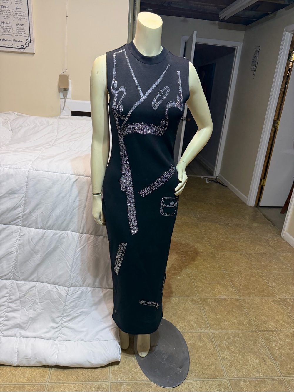 AKIRA Black Sleeveless Knit Midi Dress with Silver Graphic Trim